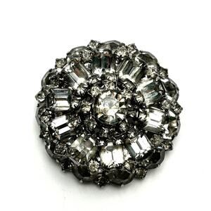 Vintage Round Domed Rhinestone Cluster Brooch Clear Crystals Silver Tone Large